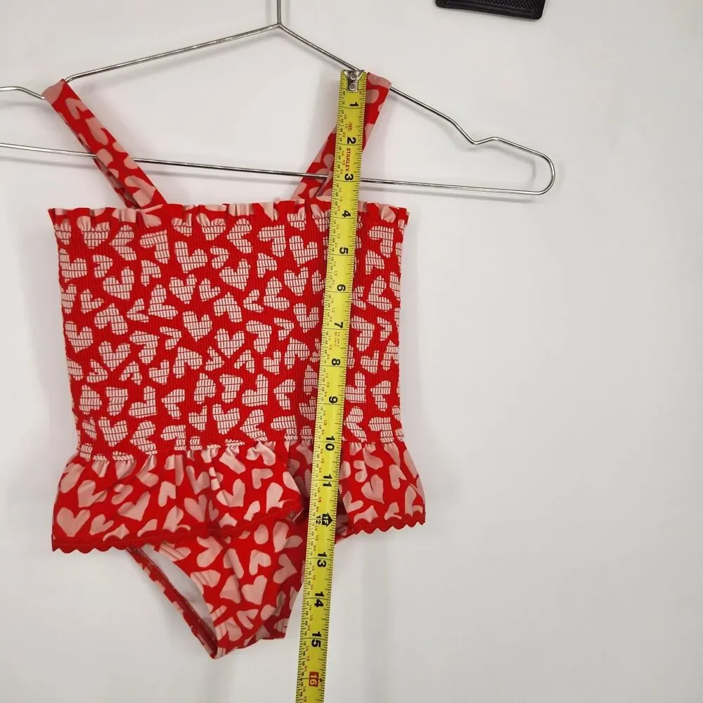 Mini Boden 3-4YR Red Collage Hearts Peplum Smocked Swimsuit NWT